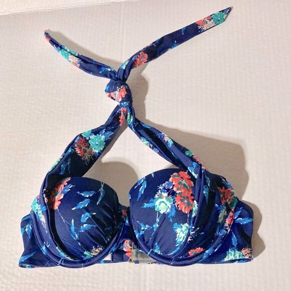 VICTORIAS SECRET VS Floral Push Up Bikini Blue Halter Swim Bra Top Womens 32B - Picture 7 of 10